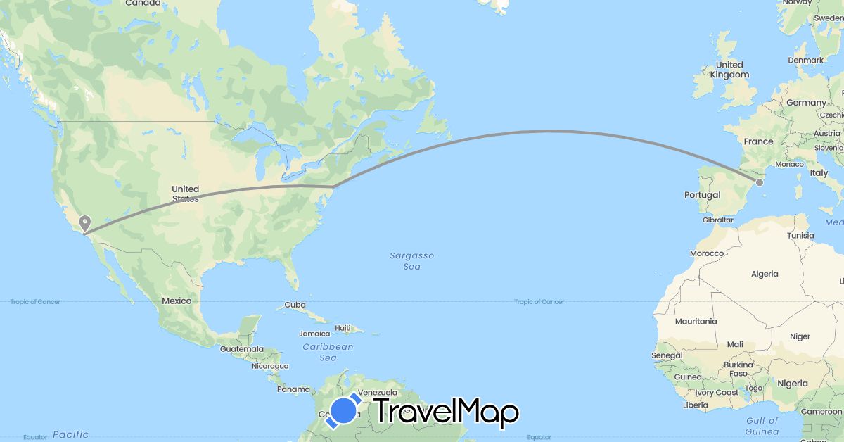 TravelMap itinerary: plane in Spain, United States (Europe, North America)
